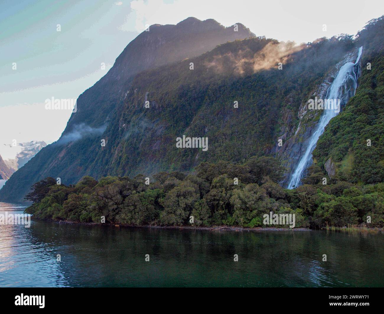 Scenic waterfall, Milford Sound - New Zealand Stock Photo