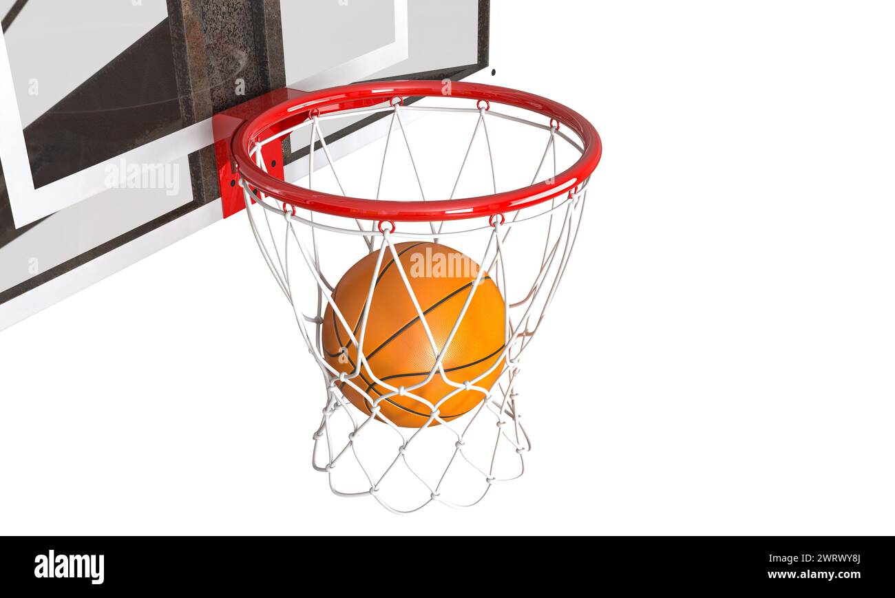 Closeup view of a basketball as it goes through the hoop. 3d render