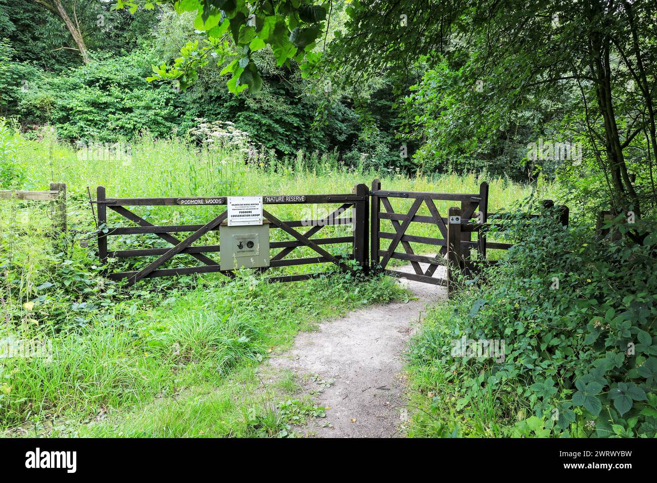 Entrance to Podmore Woods Nature Reserve, Halmer End, Newcastle-under-Lyme, Stoke-on-Trent, Staffordshire, England Stock Photo