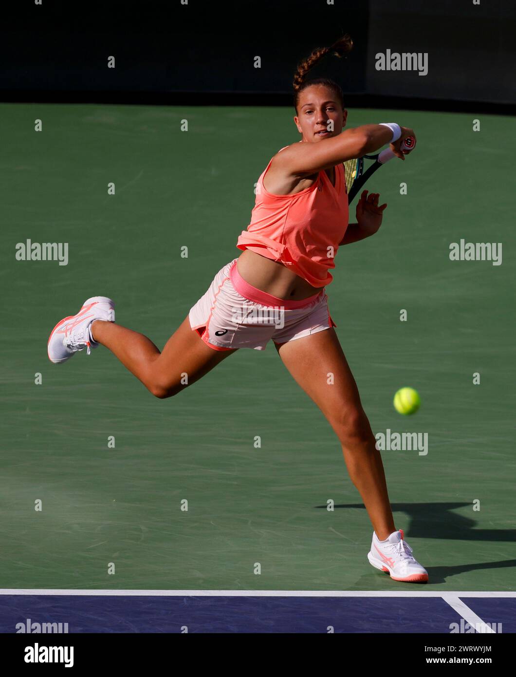 March 13, 2024 Diane Parry of France returns a shot against Maria Sakkari of Greece during the BNP Paribas Open in Indian Wells, CA. Charles Baus/CSM (Credit Image: © Charles Baus/Cal Sport Media) Stock Photo