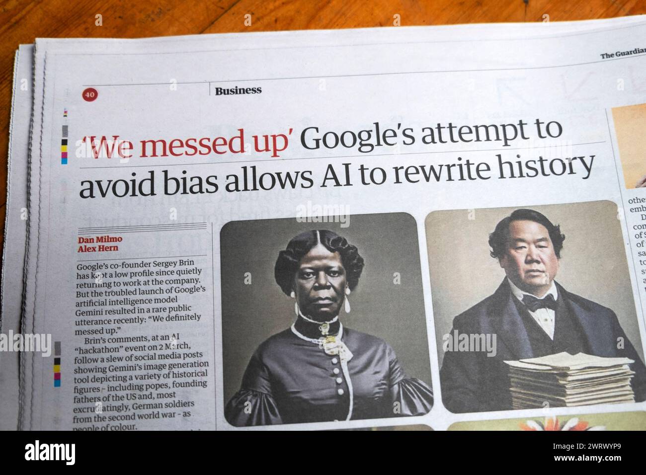 'We messed up' Google 's attempt to avoid bias allows AI to rewrite history' Guardian newspaper headline social media article 9 March 2024 London UK Stock Photo