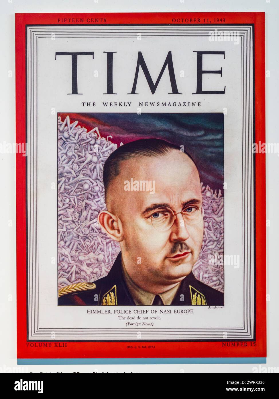 Front cover of the Time magazine featuring Heinrich Himmler (11th October 1943) on display in the Topography of Terror, Berlin, Germany, Stock Photo