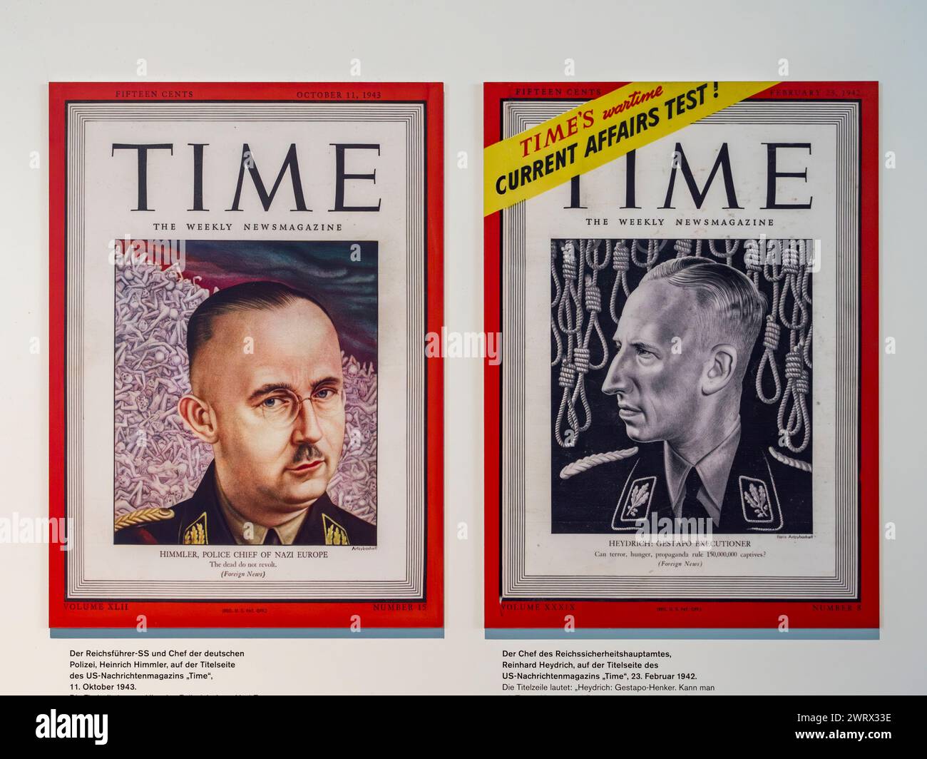 Time magazine covers featuring Heinrich Himmler (11th October 1943) Reinhard Heydrich (23rd February 1942), Topography of Terror, Berlin, Germany, Stock Photo