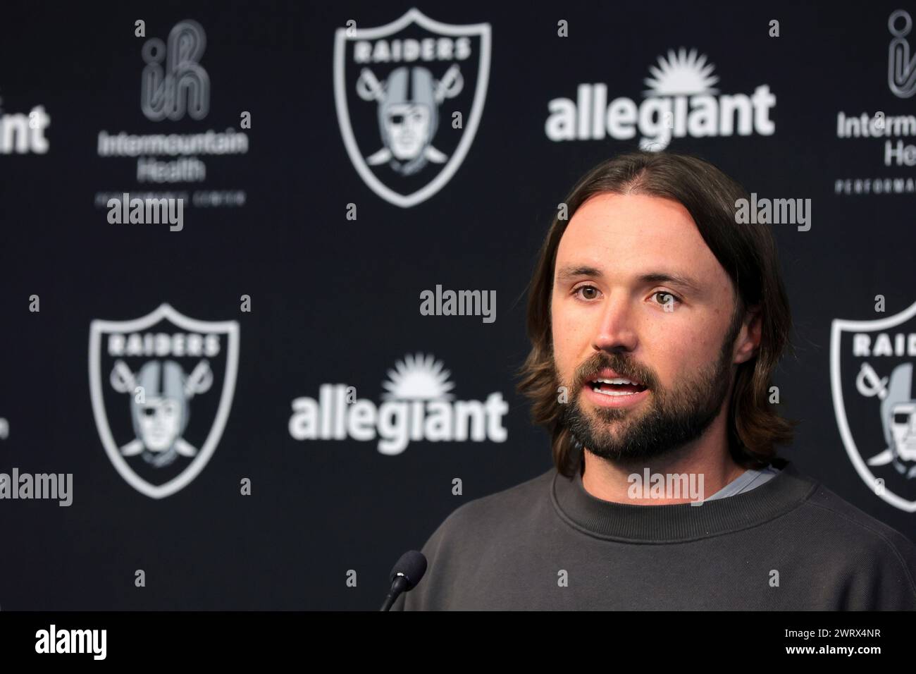 Las Vegas Raiders quarterback Gardner Minshew II speaks during an NFL