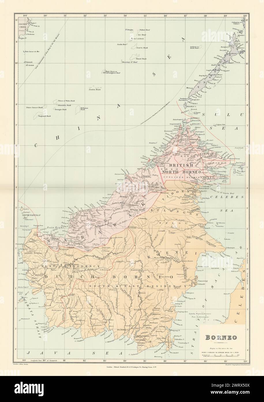 Dutch & British North Borneo Sarawak Kalimantan Palawan. STANFORD 1896 old map Stock Photo