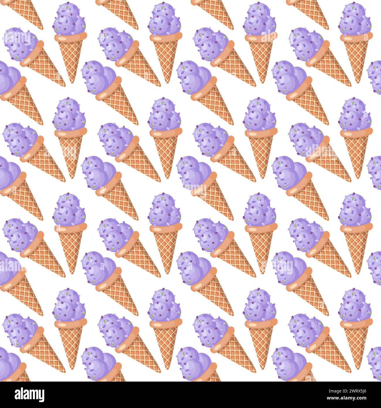 Lavender ice cream. Three scoops of creamy sweet dessert in a waffle