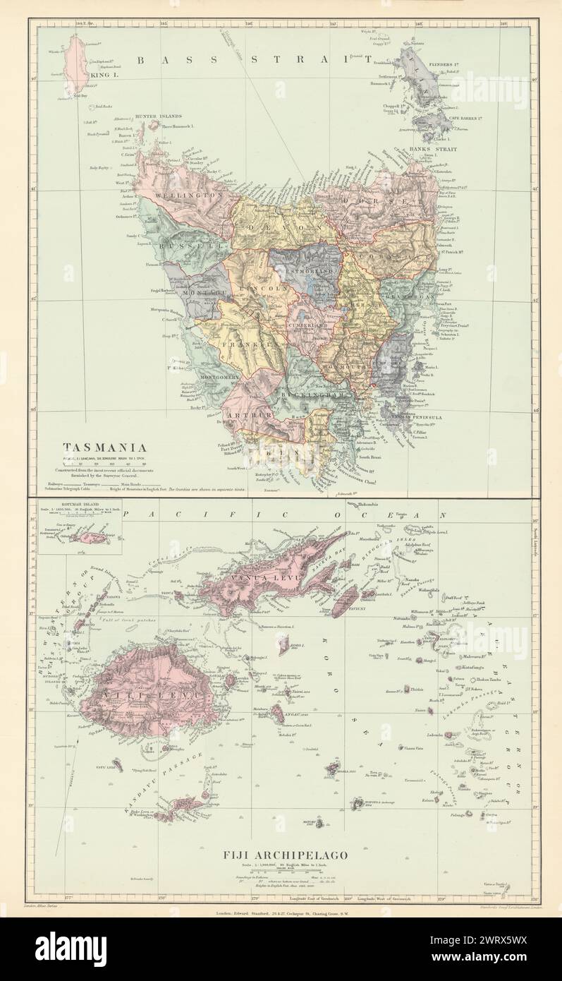 Tasmania & Fiji Archipelago. Vanua Levu. Viti Levu. STANFORD 1896 old map Stock Photo