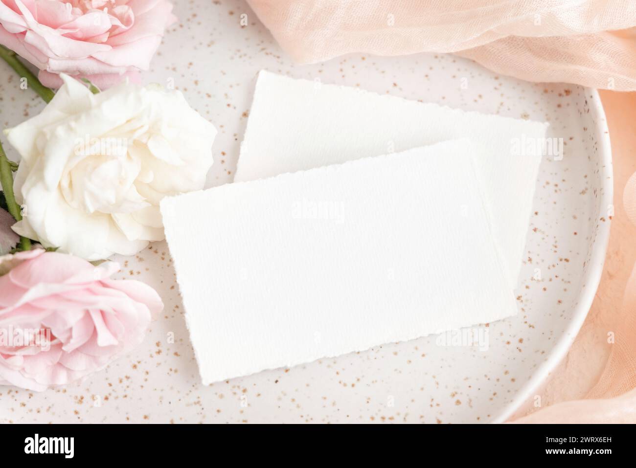 Blank cards near light pink tulle fabric and pink and cream roses  on plates top view, copy space. Wedding stationery mockup. Romantic table place wit Stock Photo