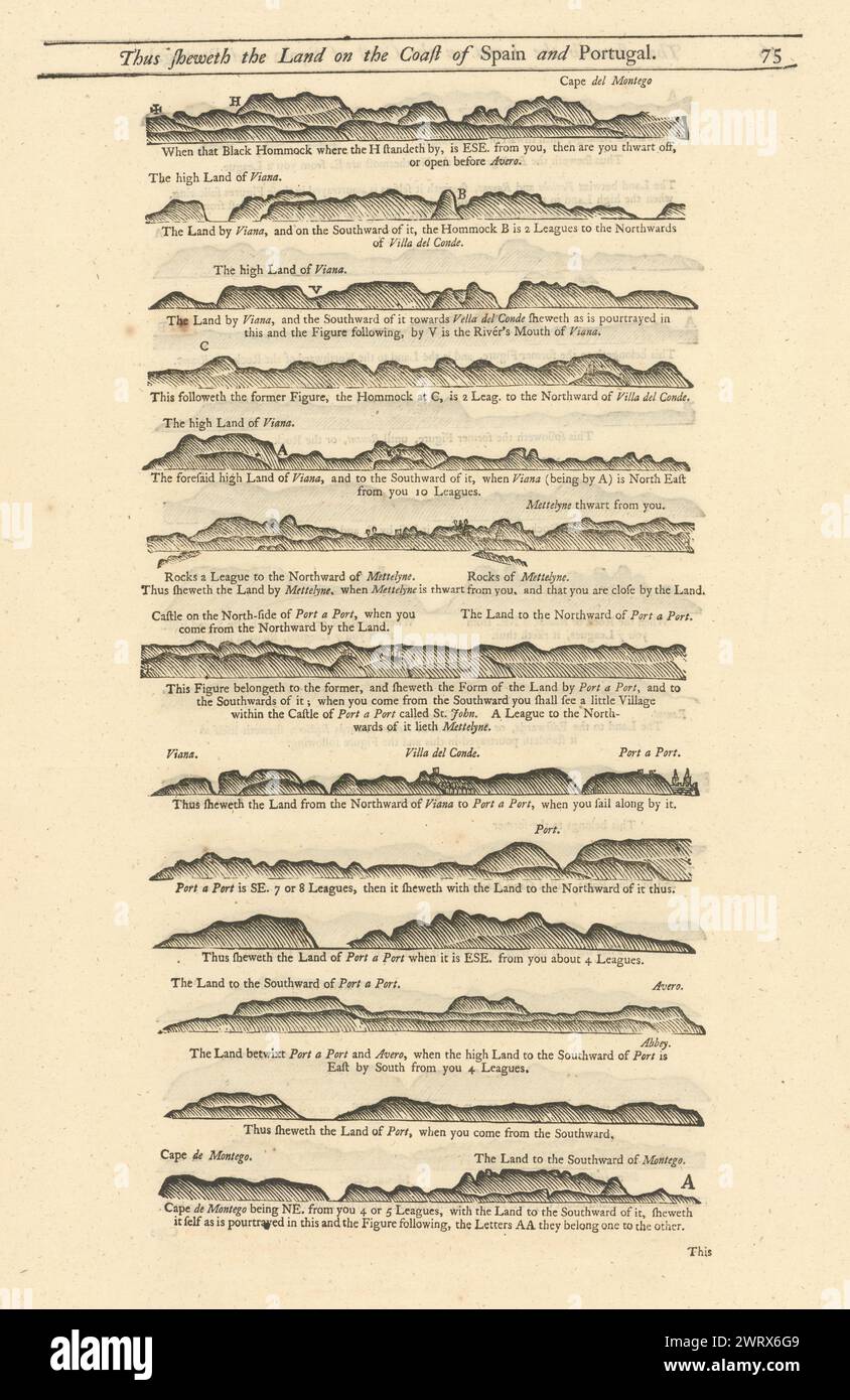 North Portugal coast profile Viana do Castelo Porto Aveiro MOUNT & PAGE 1758 map Stock Photo