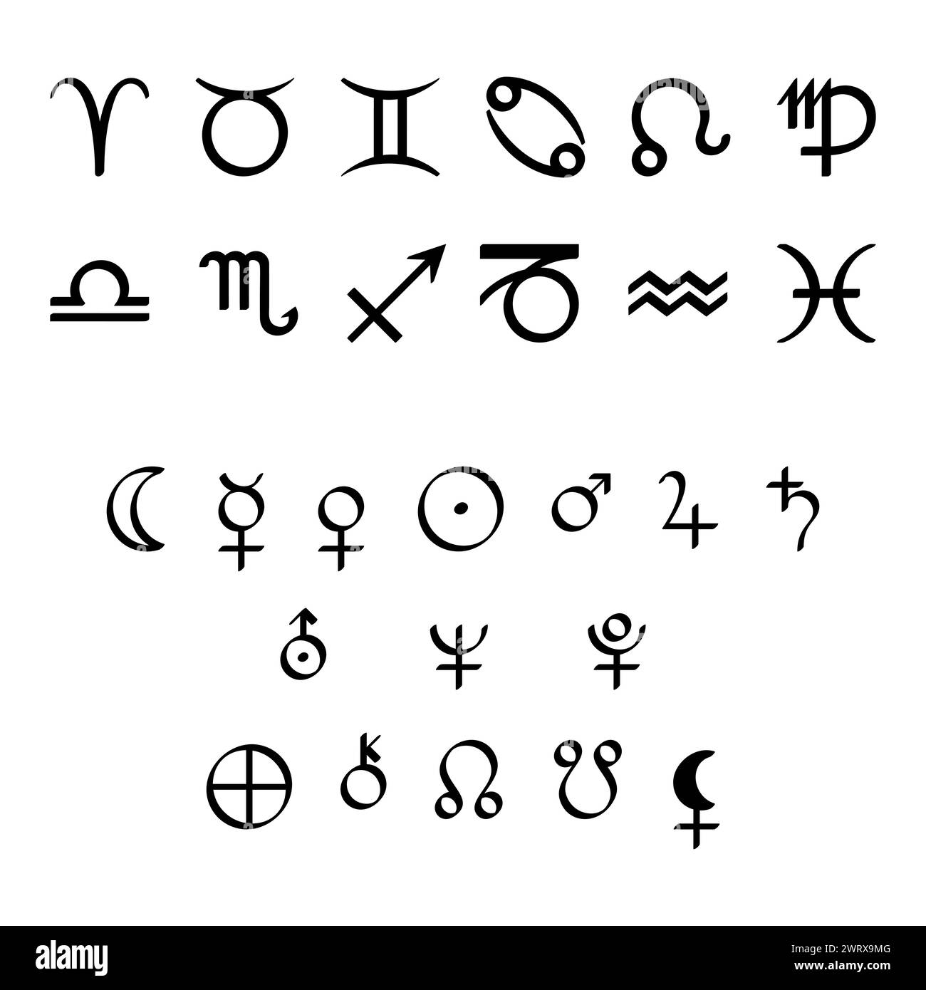 Signs of the zodiac and planetary symbols of astrology. Zodiac signs, planet symbols, and the signs for Chiron, True Lilith, and the moon nodes. Stock Photo