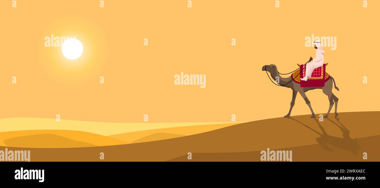 A camel rider crosses the sandy desert. Caravan against the backdrop of the sunset. Stock Vector