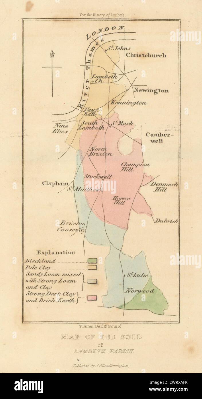 Map of the Soil of Lambeth Parish. Geological. Clay Blackland Loam 1827 Stock Photo