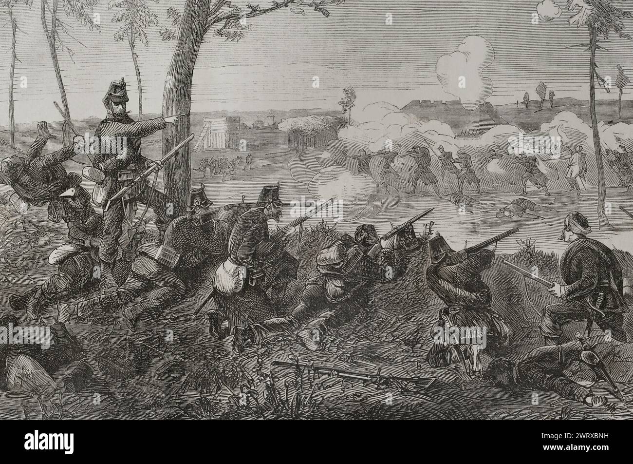 Franco-Prussian War (1870-1871). Siege of Paris (19 September 1870 to 28 January 1871). Skirmishes between the Prussian outposts encircling Paris and the besieged. Engraving by Capuz. 'Historia de la Guerra de Francia y Prusia' (History of the War between France and Prussia). Volume II. Published in Barcelona, 1871. Stock Photo