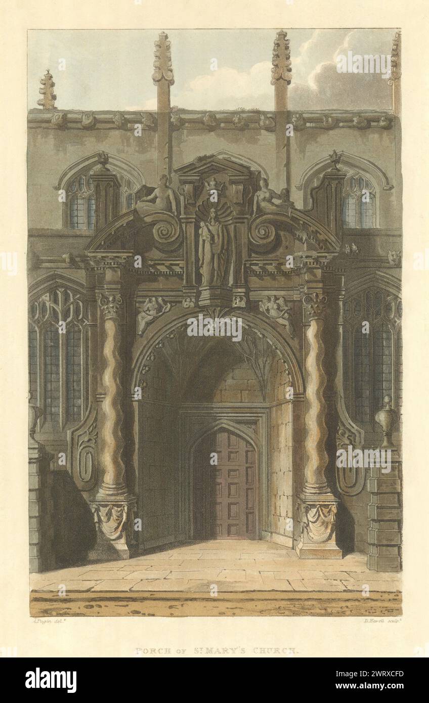 Porch of St Mary's Church. Ackermann's Oxford University 1814 old print Stock Photo