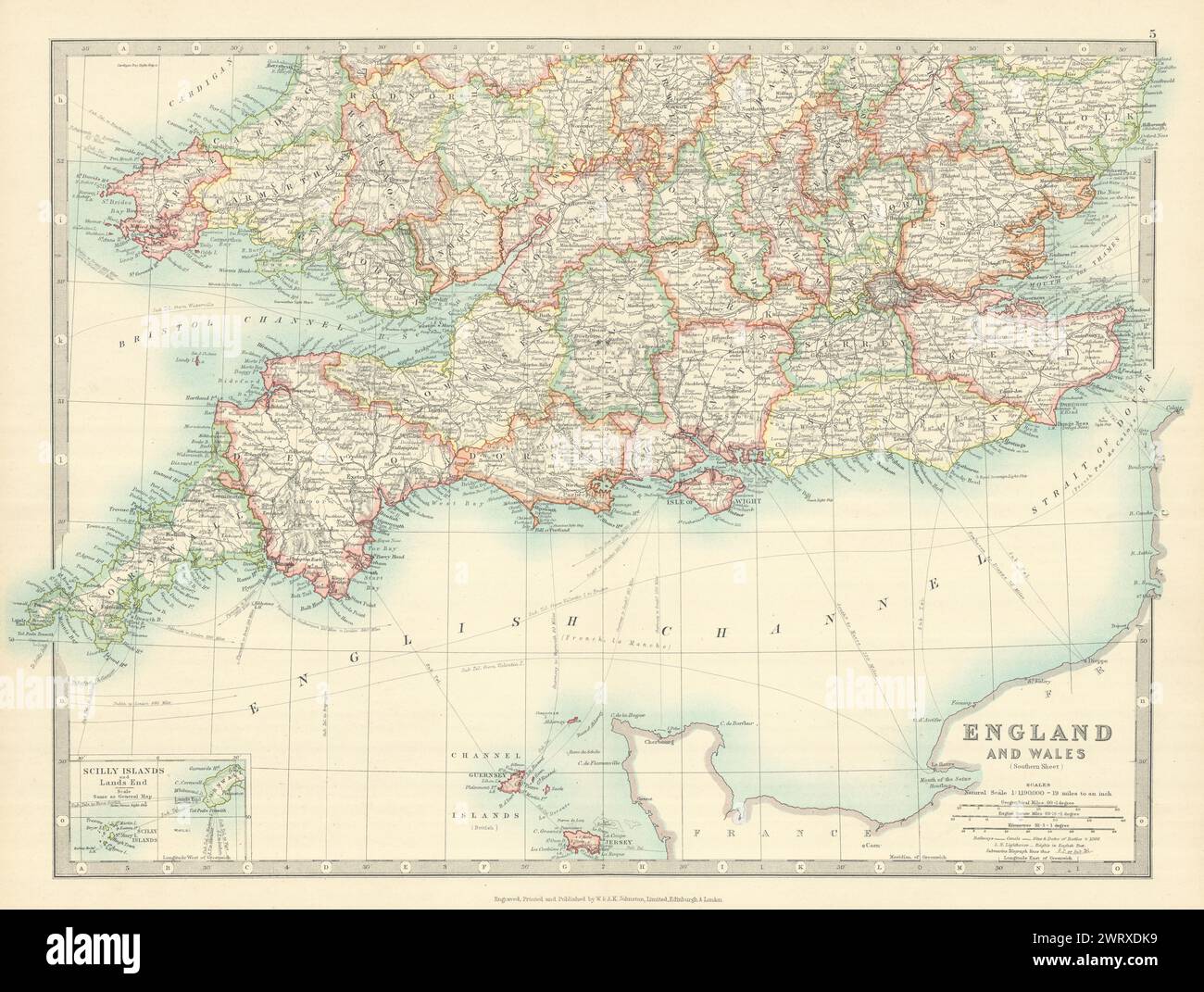 SOUTHERN ENGLAND & WALES. Shows Worcestershire enclaves. JOHNSTON 1913 old map Stock Photo