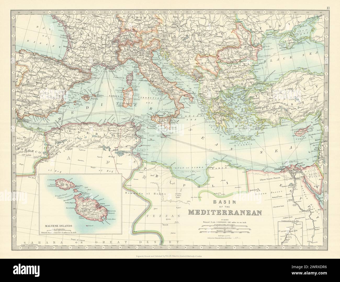 MEDITERRANEAN SEA. Submarine cables. Railways. JOHNSTON 1913 old antique map Stock Photo
