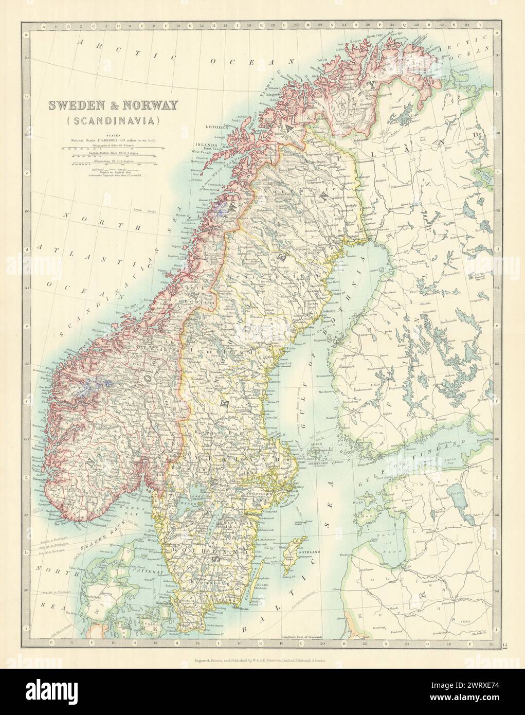 SCANDINAVIA. Sweden & Norway. Shows glaciers. JOHNSTON 1913 old antique ...