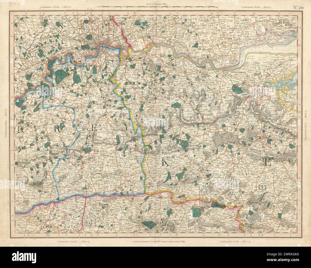 LONDON, THAMES ESTUARY, NORTH DOWNS & HIGH WEALD. W Kent, E Surrey CARY 1832 map Stock Photo