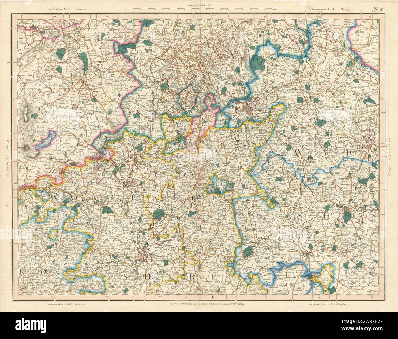 WEST MIDLANDS Birmingham Worcestershire Shrops Staffs Warwickshire CARY 1832 map Stock Photo