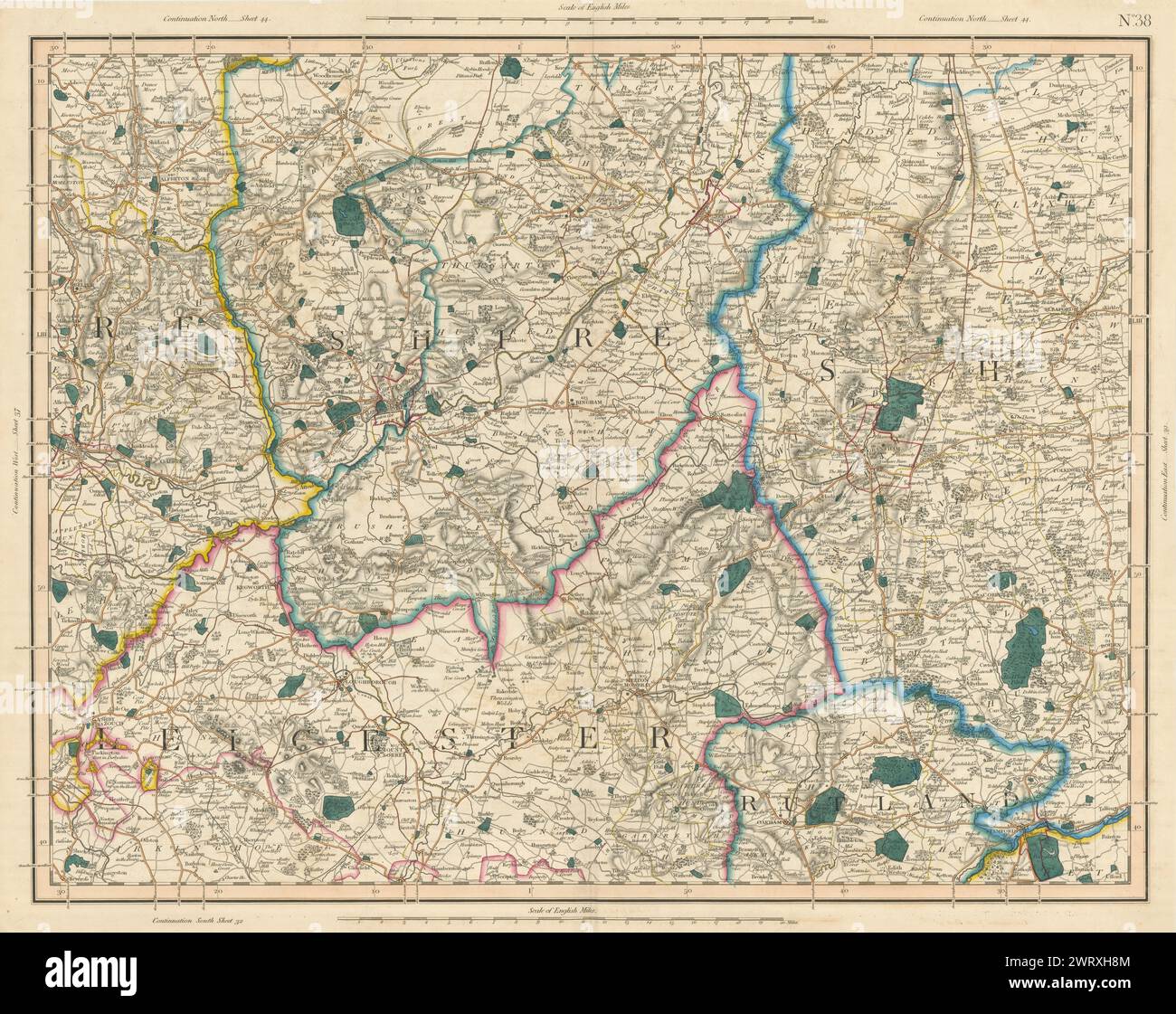 EAST MIDLANDS. Leicestershire Rutland Nottinghamshire Lincs Derbys CARY 1832 map Stock Photo