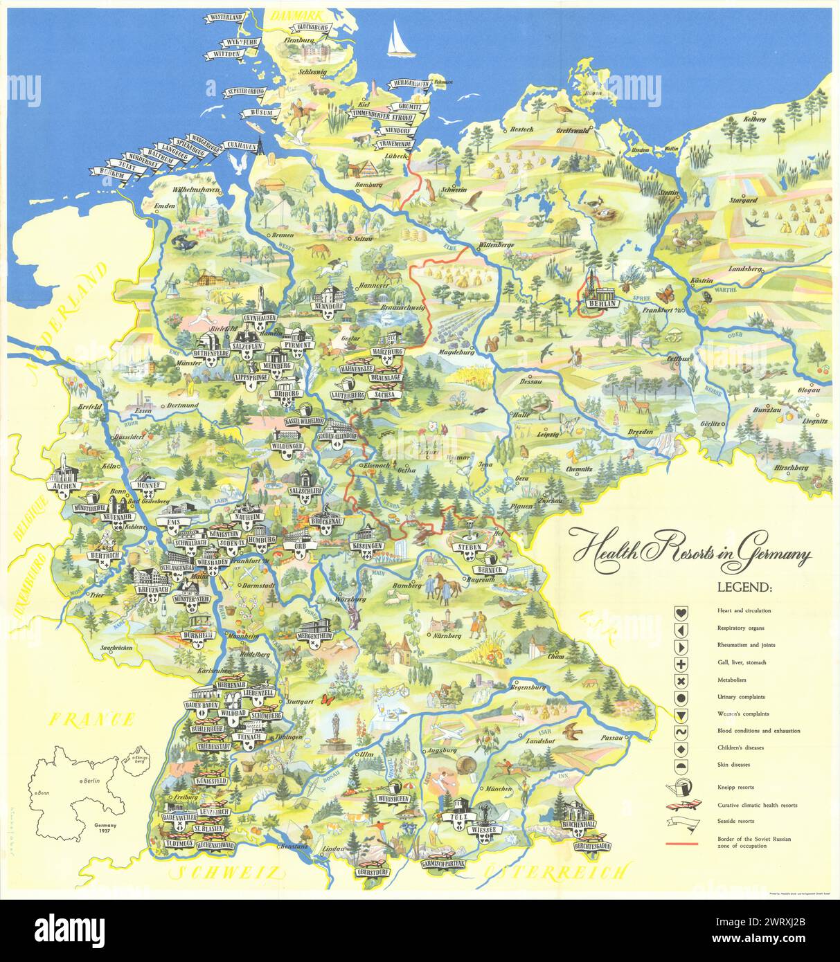 Health Resorts in Germany. Pictorial poster map. Himkefaber 1958 old Stock Photo