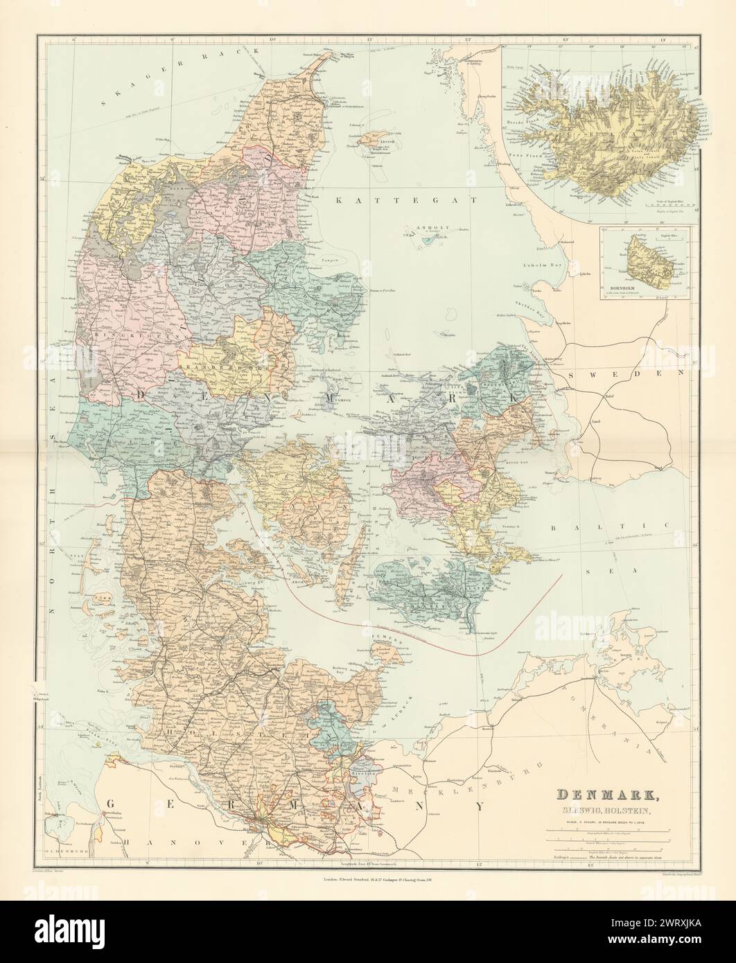 Denmark, Schleswig & Holstein. Iceland Bornholm. Large 66x52cm STANFORD 1896 map Stock Photo