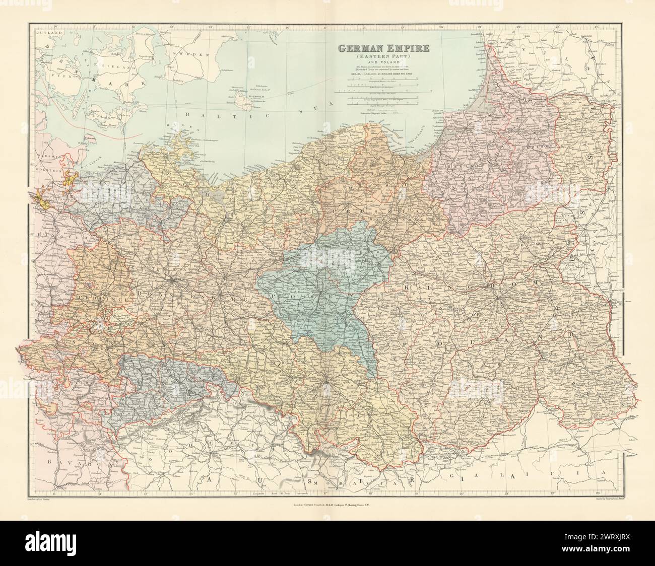 German Empire (eastern part) and Poland. Large 66x52cm. STANFORD 1896 old map Stock Photo