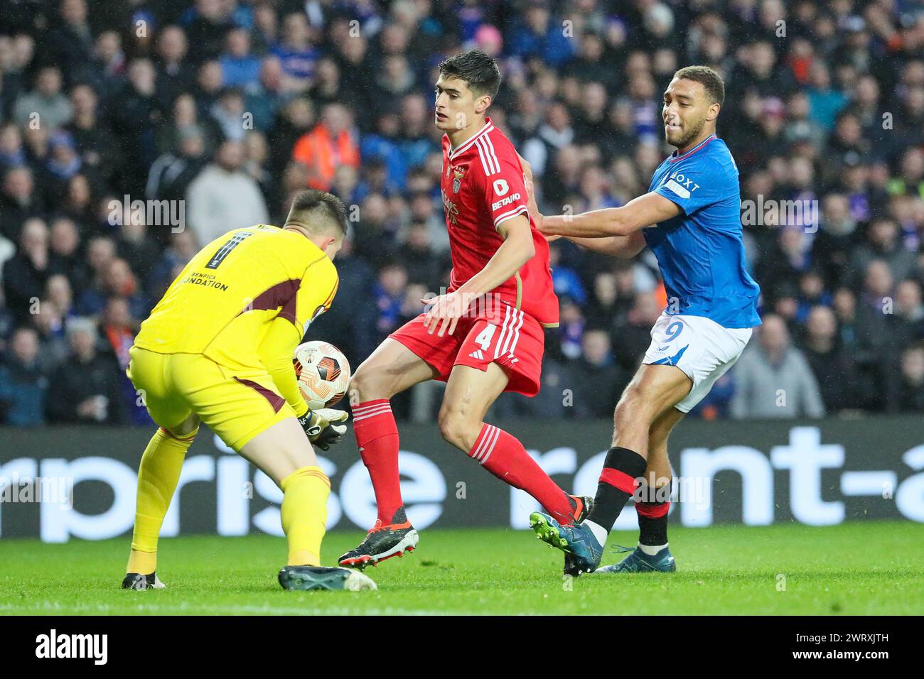 Glasgow, UK. 14th Mar, 2024. Rangers FC play Benfica FC at their home ground, Ibrox Stadium, for the second match between them. In the previous game at Benfica's home ground in Lisbon, Portugal, the score was 2 - 2. The winner of this game goes through to the next round and the last 8 in the competition. Credit: Findlay/Alamy Live News Stock Photo