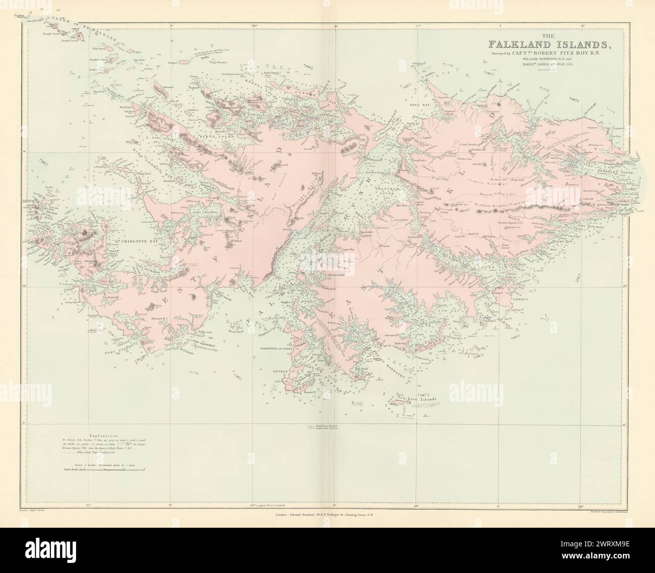 The Falkland Islands surveyed by Captain Robert Fitzroy. STANFORD 1896 old map Stock Photo