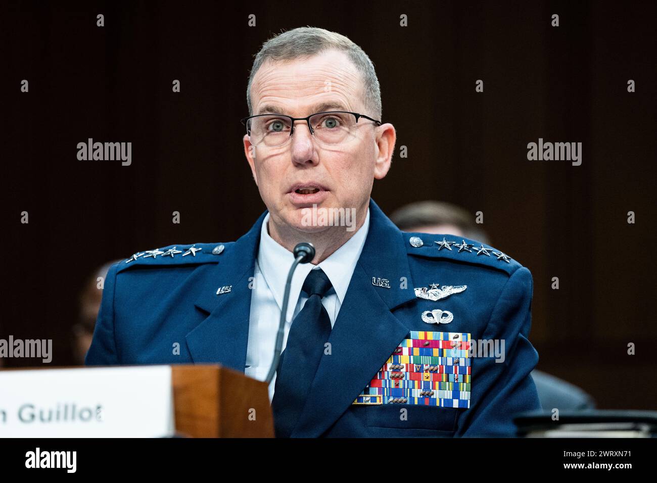 Washington, United States. 14th Mar, 2024. General Gregory Guillot, USAF, Commander, United States Northern Command, speaking at a hearing of the Senate Armed Services Committee at the U.S. Capitol. (Photo by Michael Brochstein/Sipa USA) Credit: Sipa USA/Alamy Live News Stock Photo