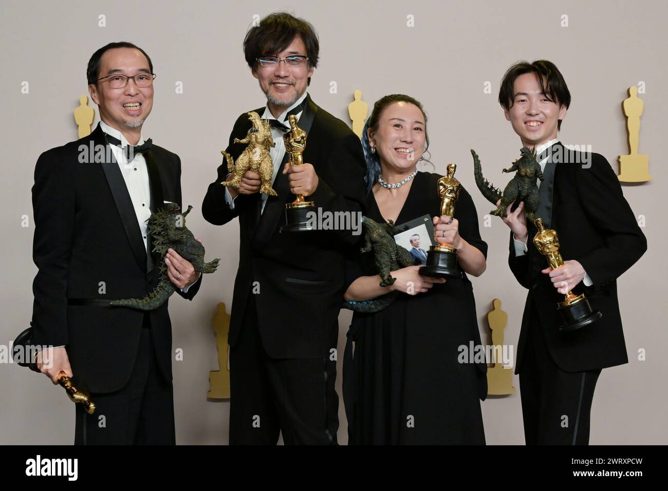 March 10, 2024, Hollywood, California, U.S.: (L-R) Masaki Takahashi, Takashi Yamazaki, Kiyoko Shibuya and Tatsuji Nojima in the Press Room during the 96th Academy Awards, presented by the Academy of Motion Picture Arts and Sciences (AMPAS), at the Dolby Theatre in Hollywood. (Credit Image: © Billy Bennight/ZUMA Press Wire) EDITORIAL USAGE ONLY! Not for Commercial USAGE! Stock Photo