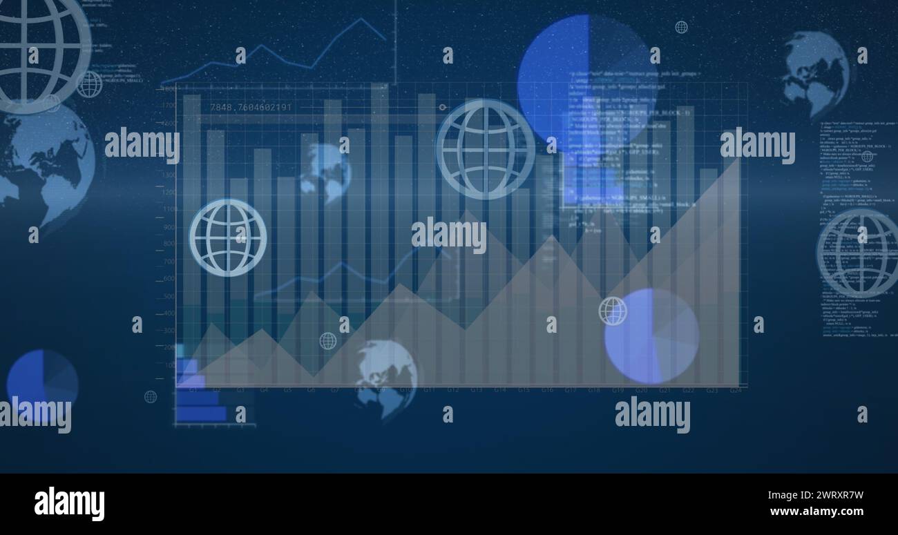 Image of statistics with globes and icons over blue background Stock ...