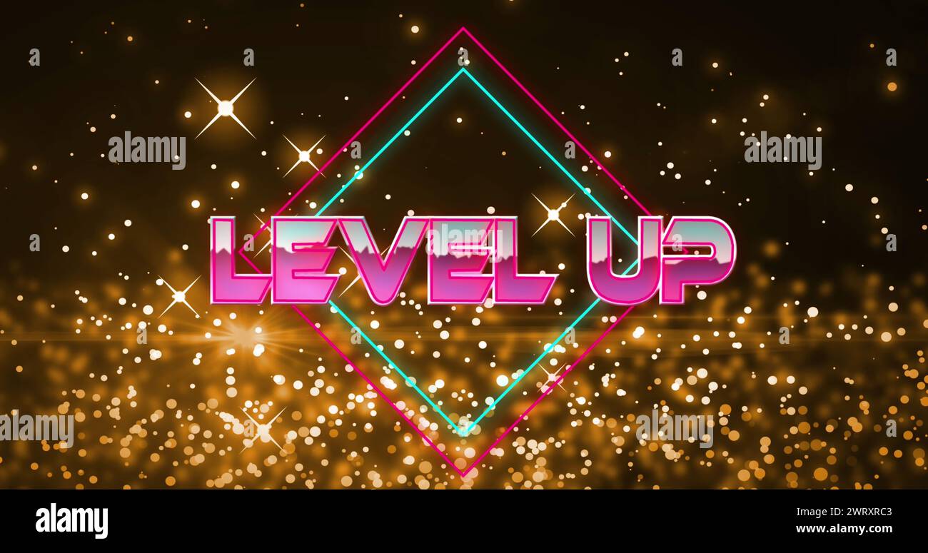 Image of level up text banner over shining stars and light sparks against black background Stock Photo