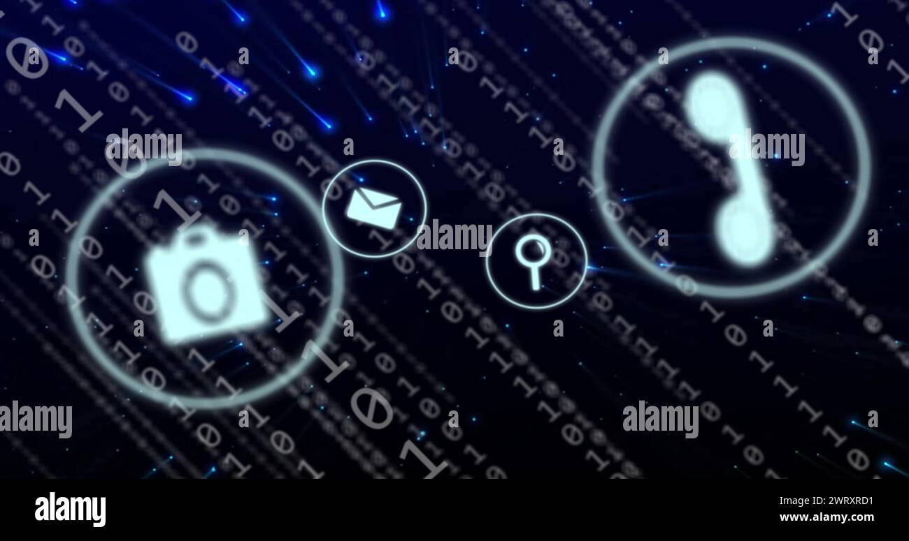 Image of icons with connections and binary coding over dark background ...