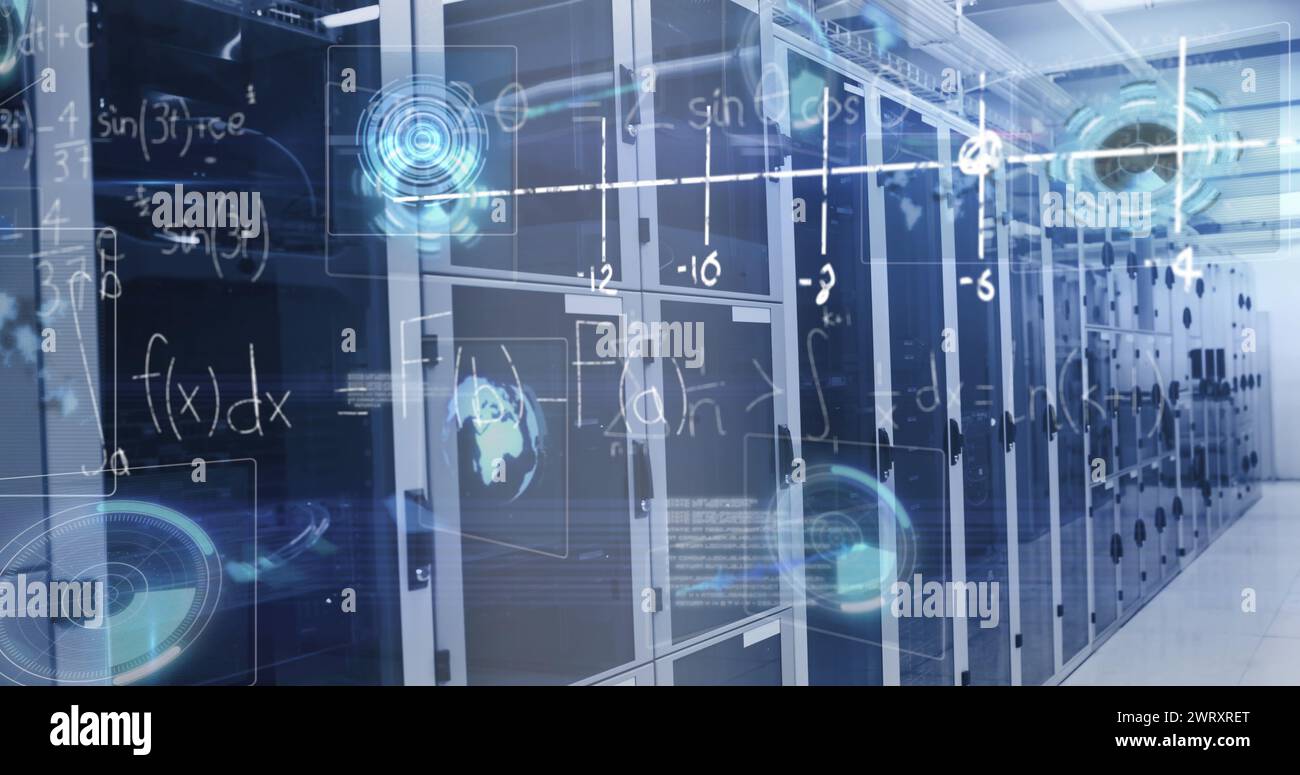 Image of mathematical equations, lens flare and infographic interface