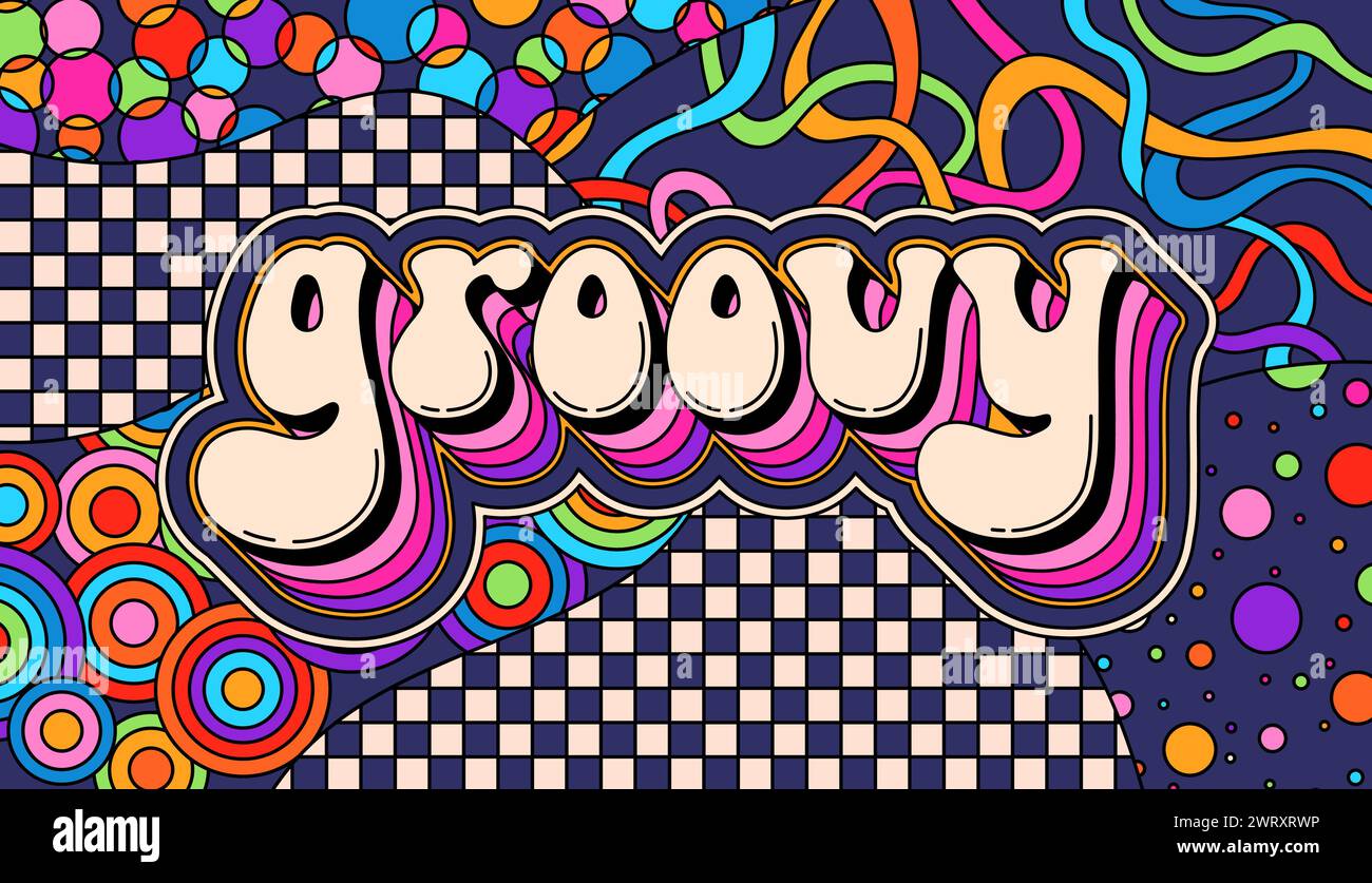 Psychedelic groovy text with color background. Zentangle coloring page for adult. Stock Vector