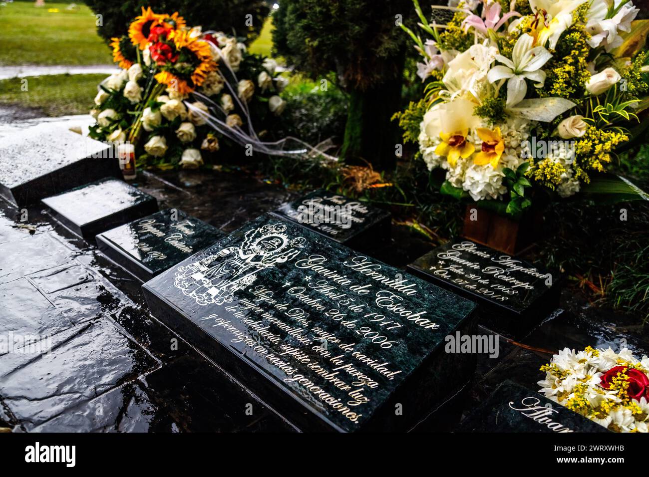 Medellin, Colombia - January 11, 2023: Grave of Pablo Escobar Gaviria's mother next to graves of the rest of the family Stock Photo