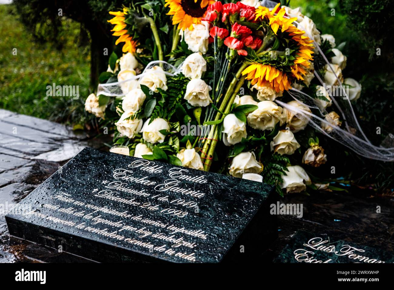 Medellin, Colombia - January 11, 2023: Close-up of Pablo Escobar Gaviria's tomb wet by rain Stock Photo