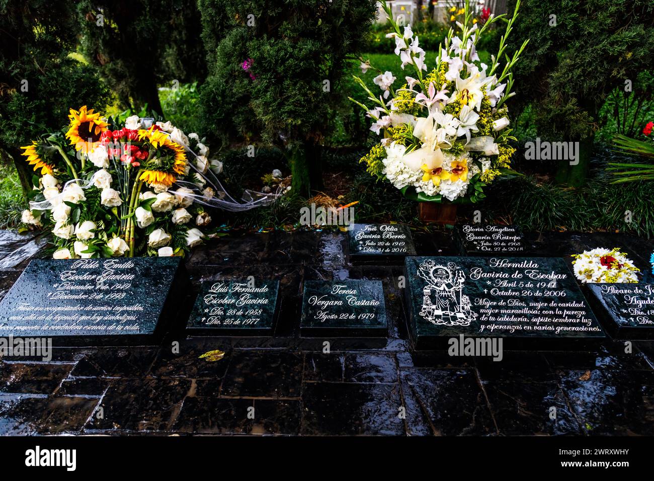 Medellin, Colombia - January 11, 2023: Grave of Pablo Escobar Gaviria next to graves of the rest of his family Stock Photo
