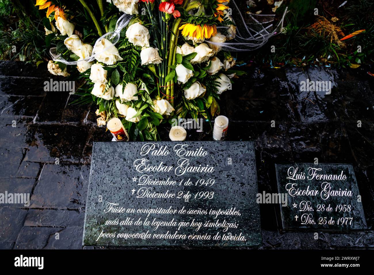 Medellin, Colombia - January 11, 2023: Close-up of Pablo Escobar Gaviria's tomb wet by rain Stock Photo