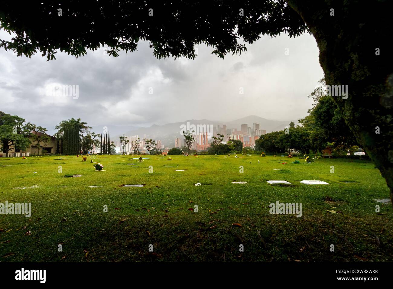Medellin, Colombia - January 11, 2023: Panoramic of the Jardines Montesacro Cemetery, where the grave of Pablo Escobar Gaviria is located Stock Photo