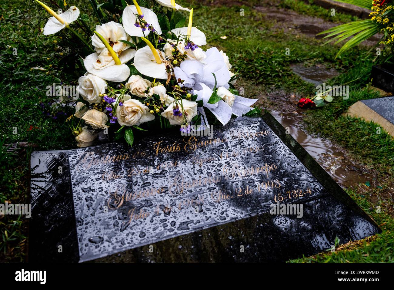 Medellin, Colombia - January 11, 2023: Close-up of the tomb of Gustavo Gaviria, cousin and partner of Pablo Escobar Stock Photo