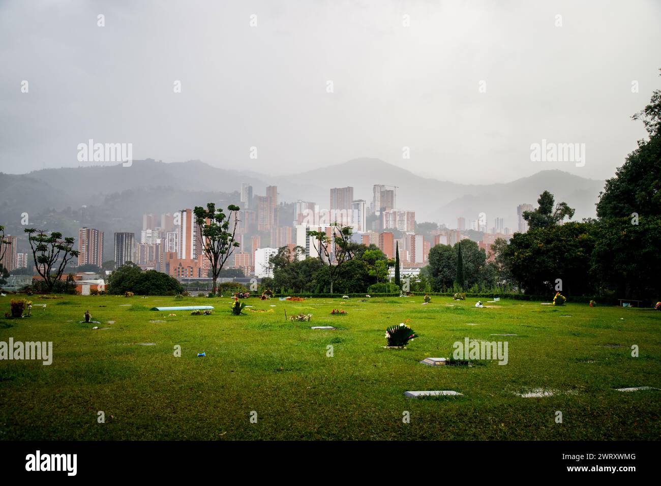 Medellin, Colombia - January 11, 2023: Panoramic of the Jardines Montesacro Cemetery, where the grave of Pablo Escobar Gaviria is located Stock Photo