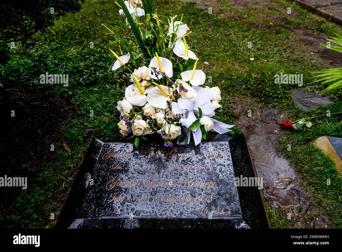 Medellin, Colombia - January 11, 2023: Close-up of the tomb of Gustavo Gaviria, cousin and partner of Pablo Escobar Stock Photo