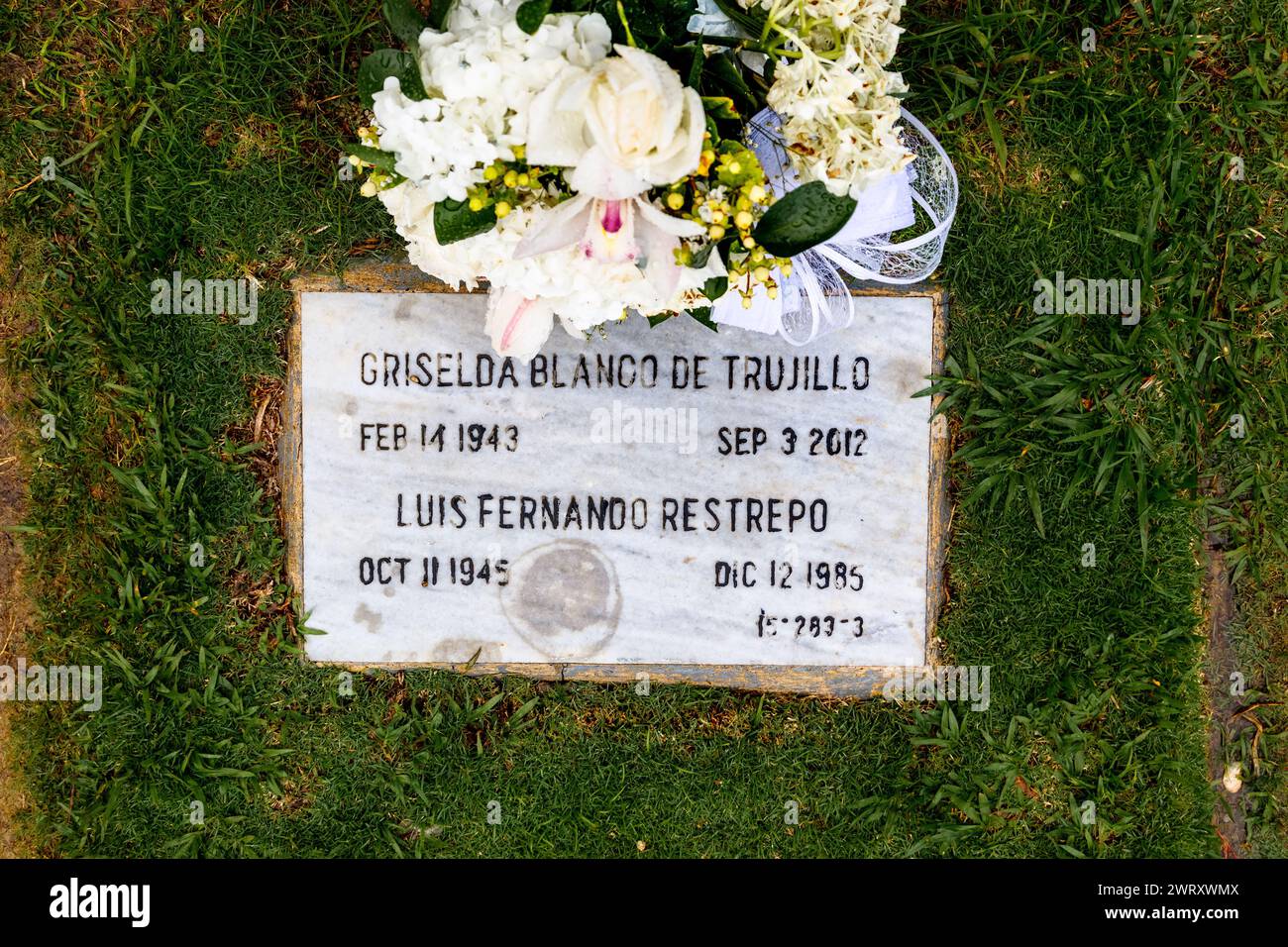 Medellin, Colombia - January 11, 2023: View from above of the tombstone at the tomb of Griselda Blanco Stock Photo
