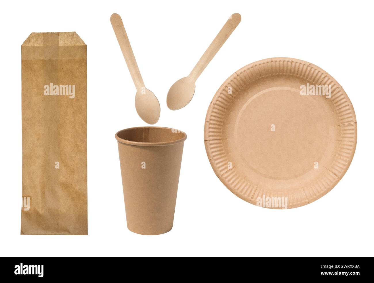 Disposable paper plate, glass and wooden spoons on isolated background