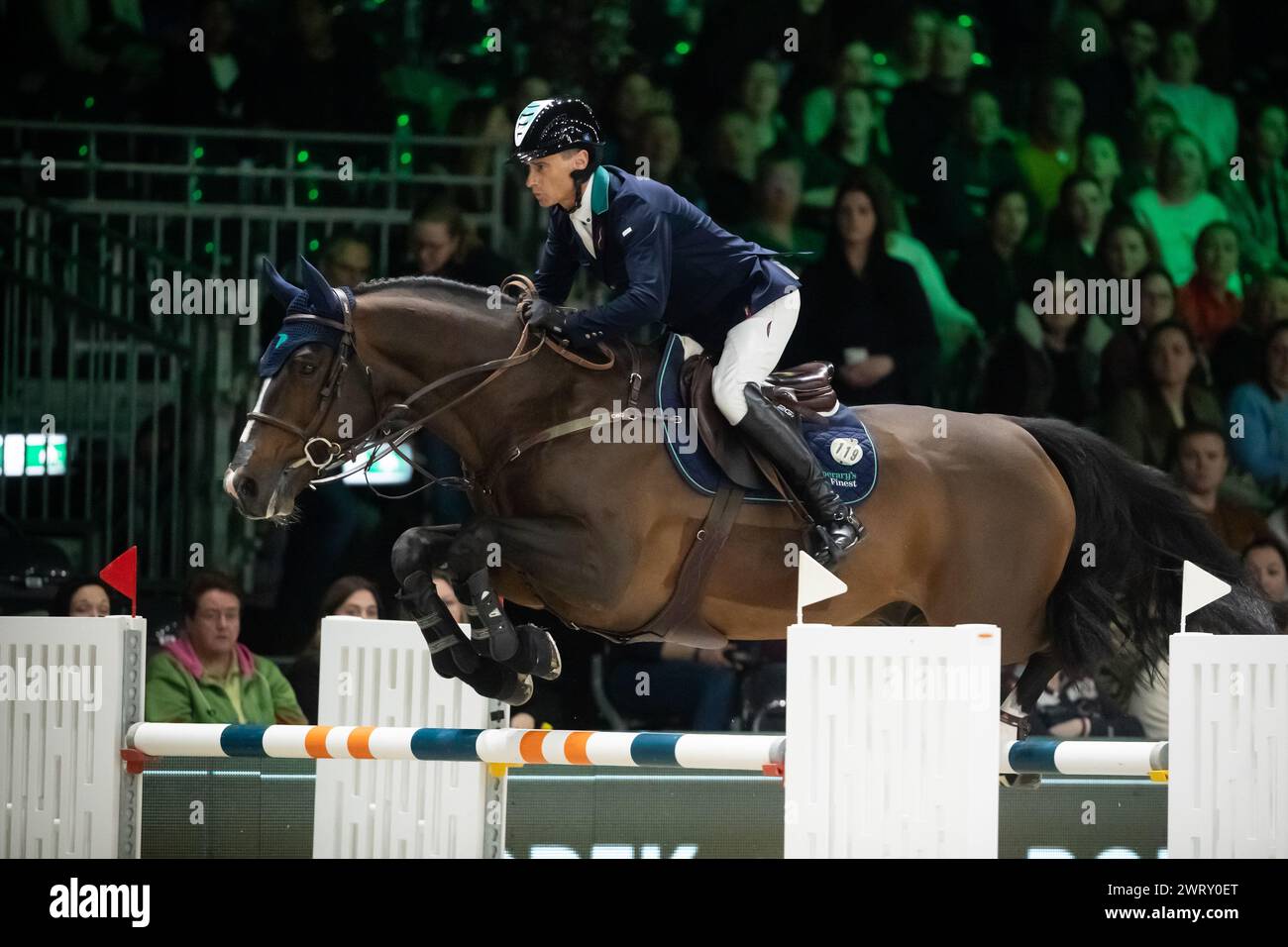 Denbosch, Netherlands - March 10, 2024. Denis Lynch of Ireland and riding Cordial compete in a 1.45 Speed Class during the 2024 Rolex Dutch Masters. Stock Photo