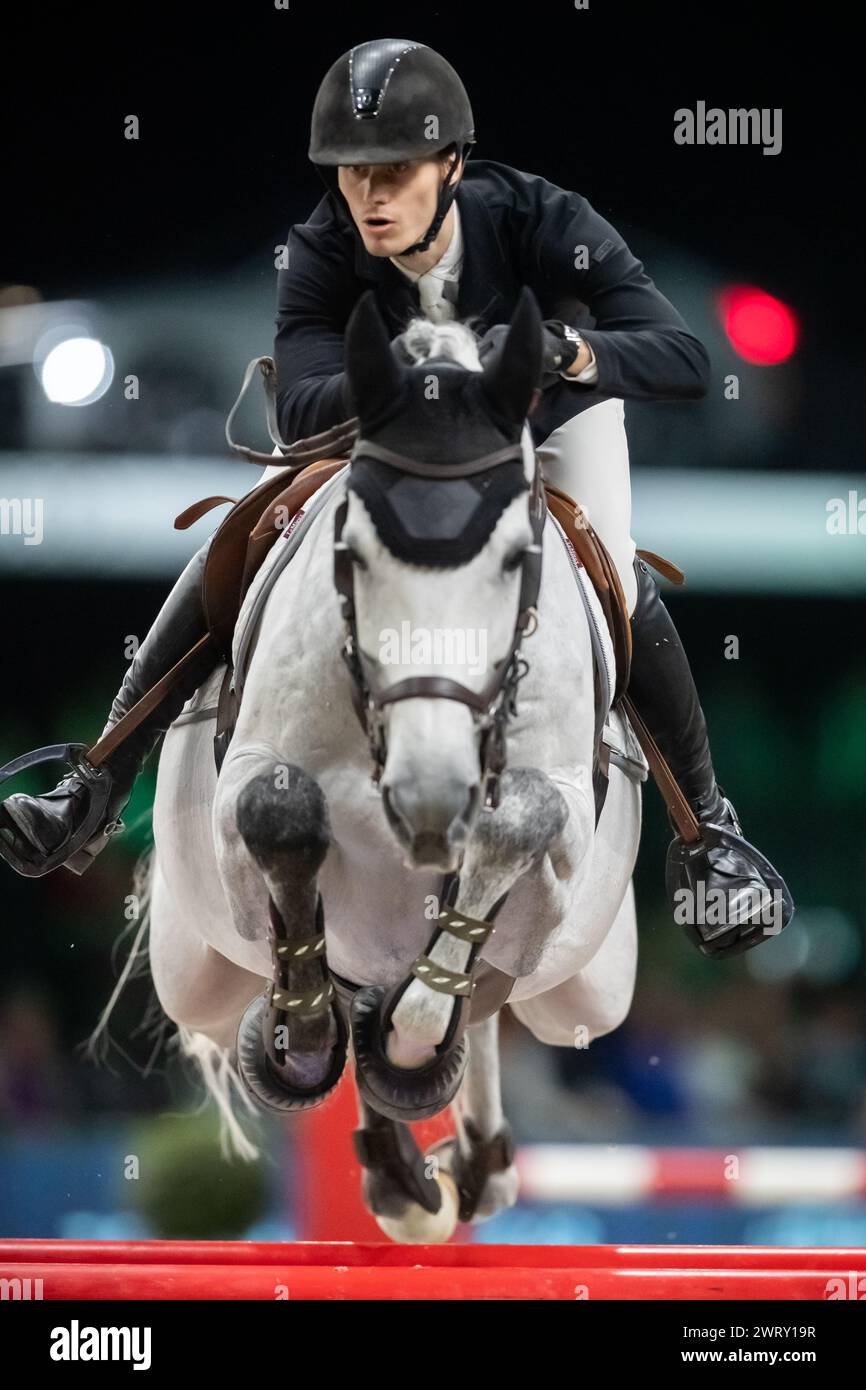 Denbosch, Netherlands - March 10, 2024. Lars Kersten of the Netherlands and riding Chuck Marienshof Z compete in a 1.45 Speed Class during the 2024 Ro Stock Photo