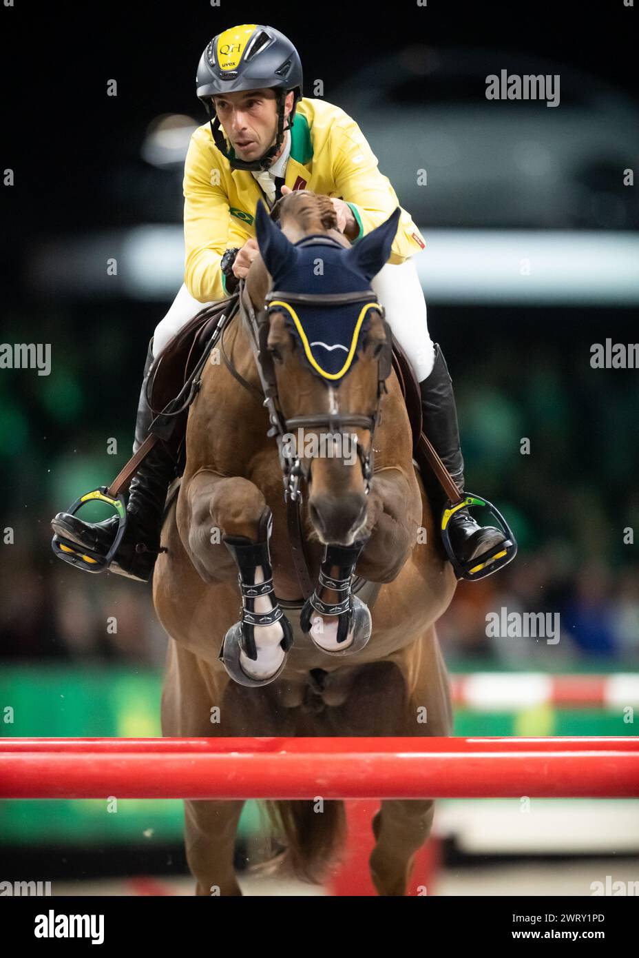 Denbosch, Netherlands - March 10, 2024. Yuri Mansur of Brazil and riding Fifty Fifty Semilly compete in a 1.45 Speed Class during the 2024 Rolex Dutch Stock Photo