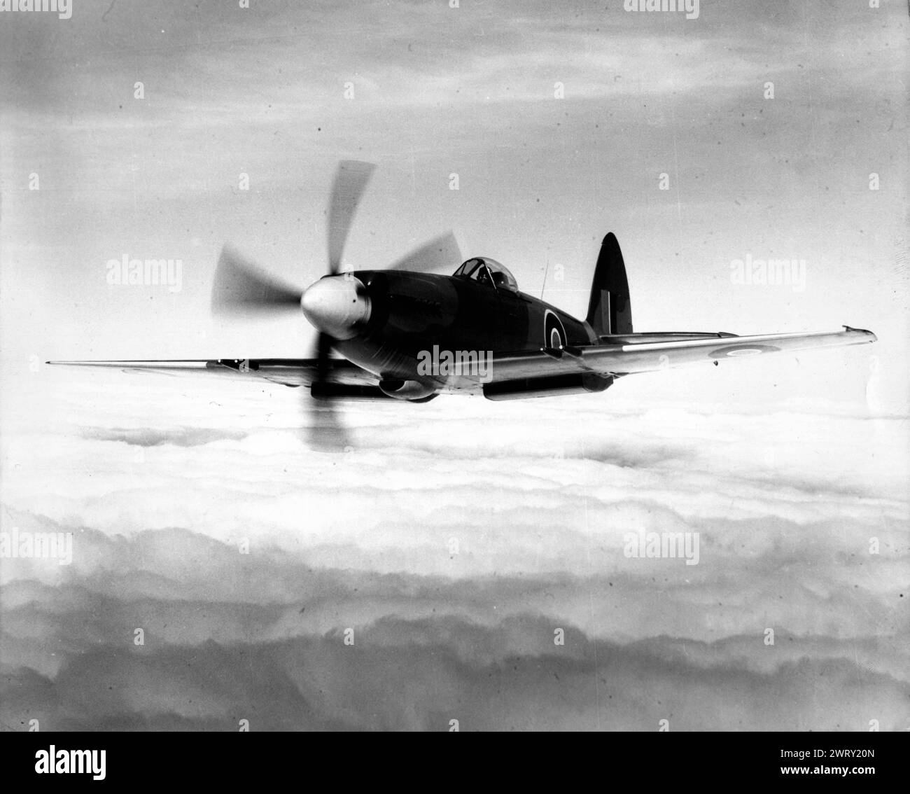 April 1, 1946: London, United Kingdom: A Supermarine Spiteful fighter plane in flight. The Supermarine Spiteful was a British Rolls-Royce GriffonCengined fighter aircraft designed by Supermarine to Air Ministry specification F.1/43 during the Second World War as a successor to the Spitfire. It had a new wing design to improve its critical Mach number, and allow safe operations at higher speeds. (Credit Image: © Keystone Press Agency/ZUMA Press Wire). EDITORIAL USAGE ONLY! Not for Commercial USAGE! Stock Photo